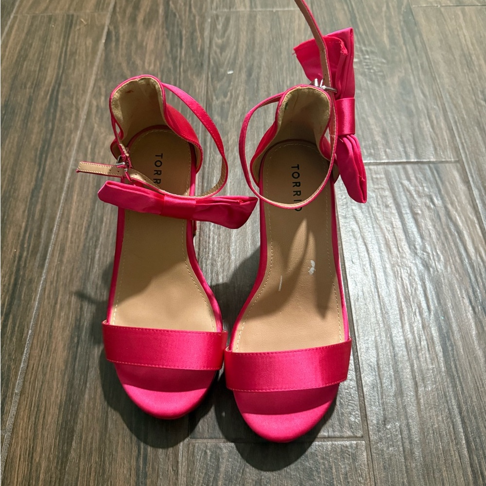 torrid Hot Pink Satin Ankle-Strap Heels with Bow Accent
